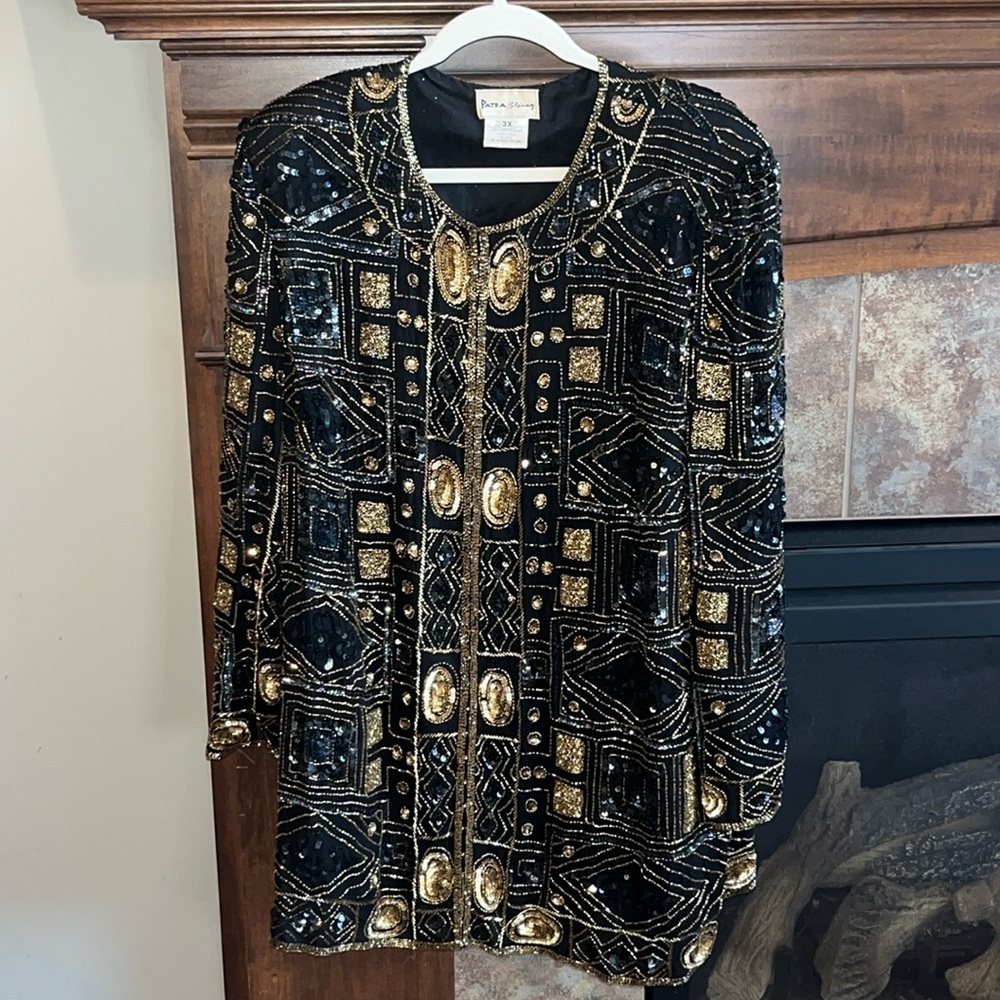 Vintage black gold geometric beaded fancy silk formal evening jacket fit 1X-2X